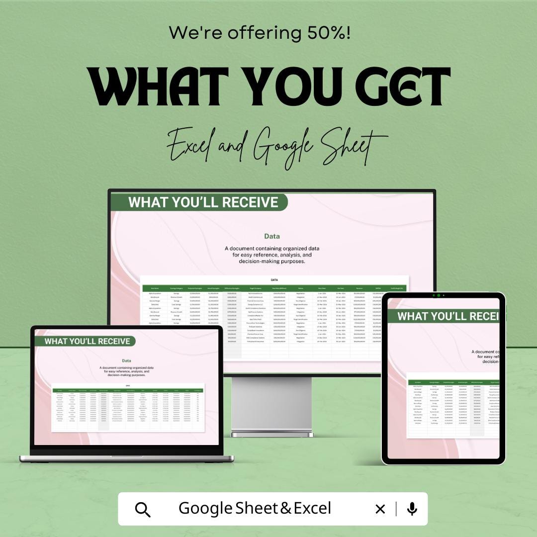 Mergers and Acquisitions Finance Planning Dashboard - Excel and Google Sheets Template for M&A Analysis and Strategy