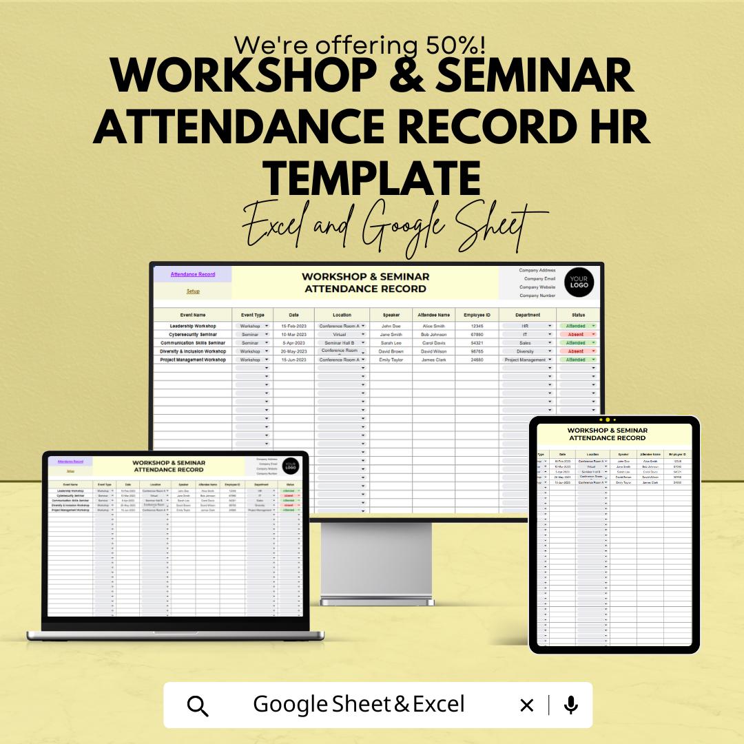 Workshop & Seminar Attendance Record HR Template | Excel and Google Sheets | Training Attendance Tracker | Employee Event Log Spreadsheet