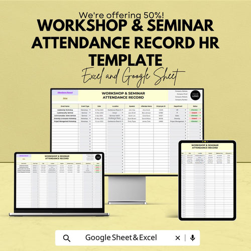 Workshop & Seminar Attendance Record HR Template | Excel and Google Sheets | Training Attendance Tracker | Employee Event Log Spreadsheet