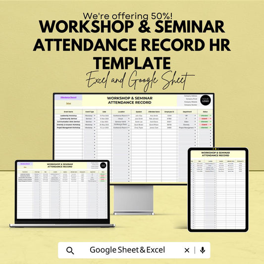 Workshop & Seminar Attendance Record HR Template | Excel and Google Sheets | Training Attendance Tracker | Employee Event Log Spreadsheet