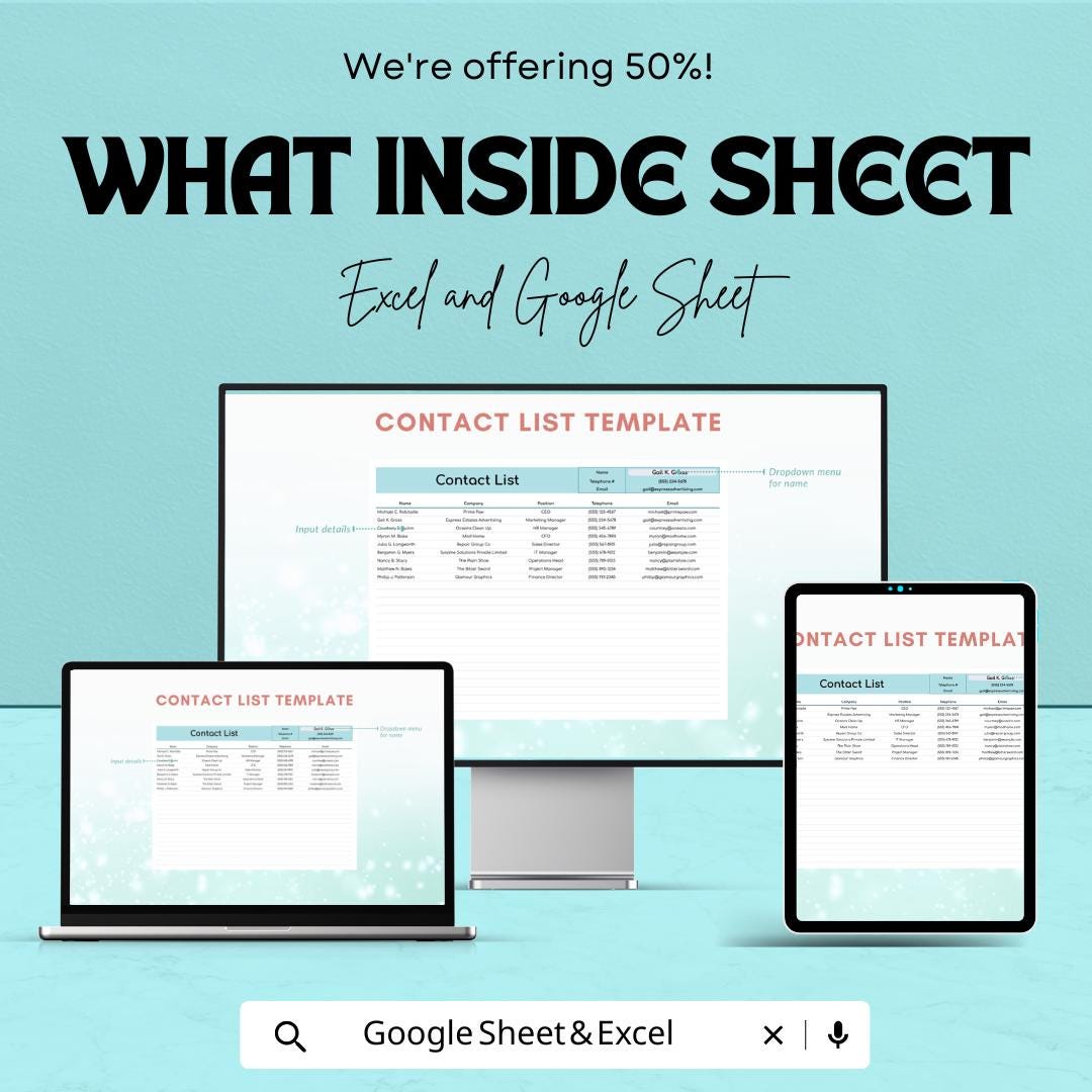 Contact List Template | Google Sheet & Excel Contact Management Sheet | Professional Contact List | Editable Contact Organizer