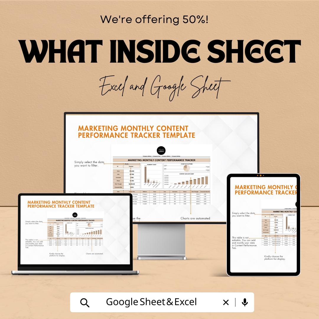 Marketing Monthly Content Performance Tracker Template |  Social Media Tracker | Marketing KPI Dashboard | Content Metrics Log