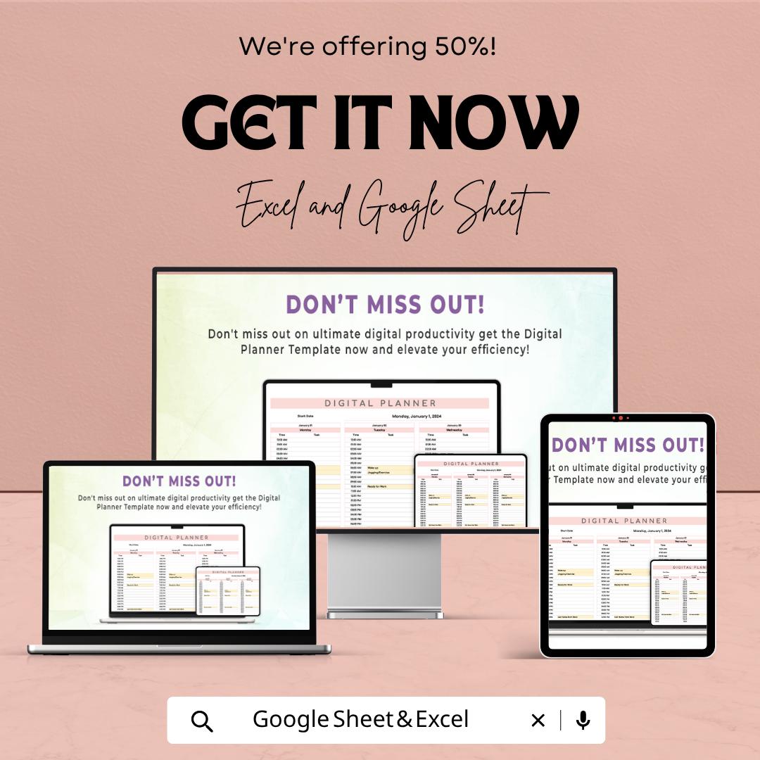 Digital Planner Template | Daily Planner Excel | Google Sheets Planner | Productivity Planner | Schedule Template | Editable Planner