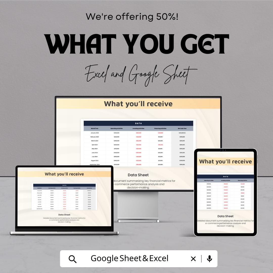E-Commerce Cash Flow Dashboard Template | Business Finance Tracker | Profit and Expense Report | Online Store Analytics Spreadsheet