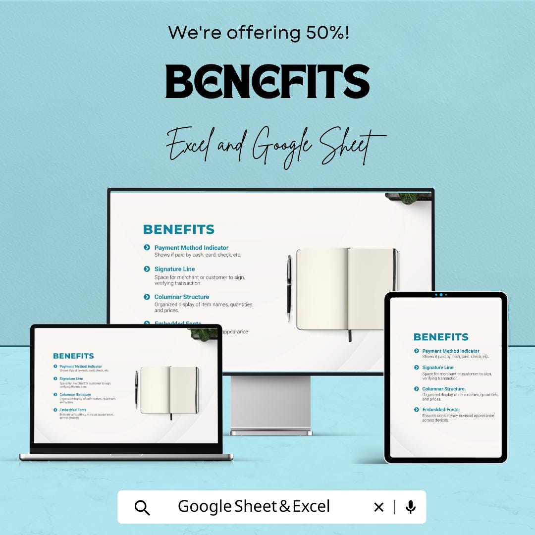 Invoice Receipt Sheet for Excel & Google Sheets – Customizable Template for Business Use, Printable Invoice, Invoice Generator,