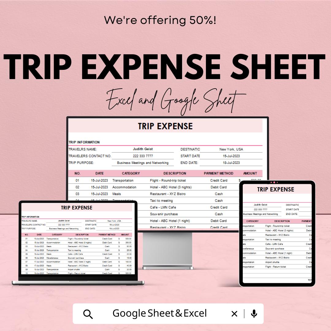 Trip Expense Sheet - Travel Budget Tracker for Business, Personal Trips - Google Sheets & Excel Template