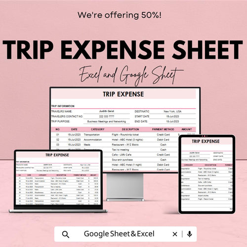 Trip Expense Sheet - Travel Budget Tracker for Business, Personal Trips - Google Sheets & Excel Template