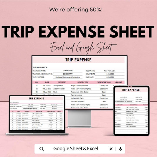 Trip Expense Sheet - Travel Budget Tracker for Business, Personal Trips - Google Sheets & Excel Template