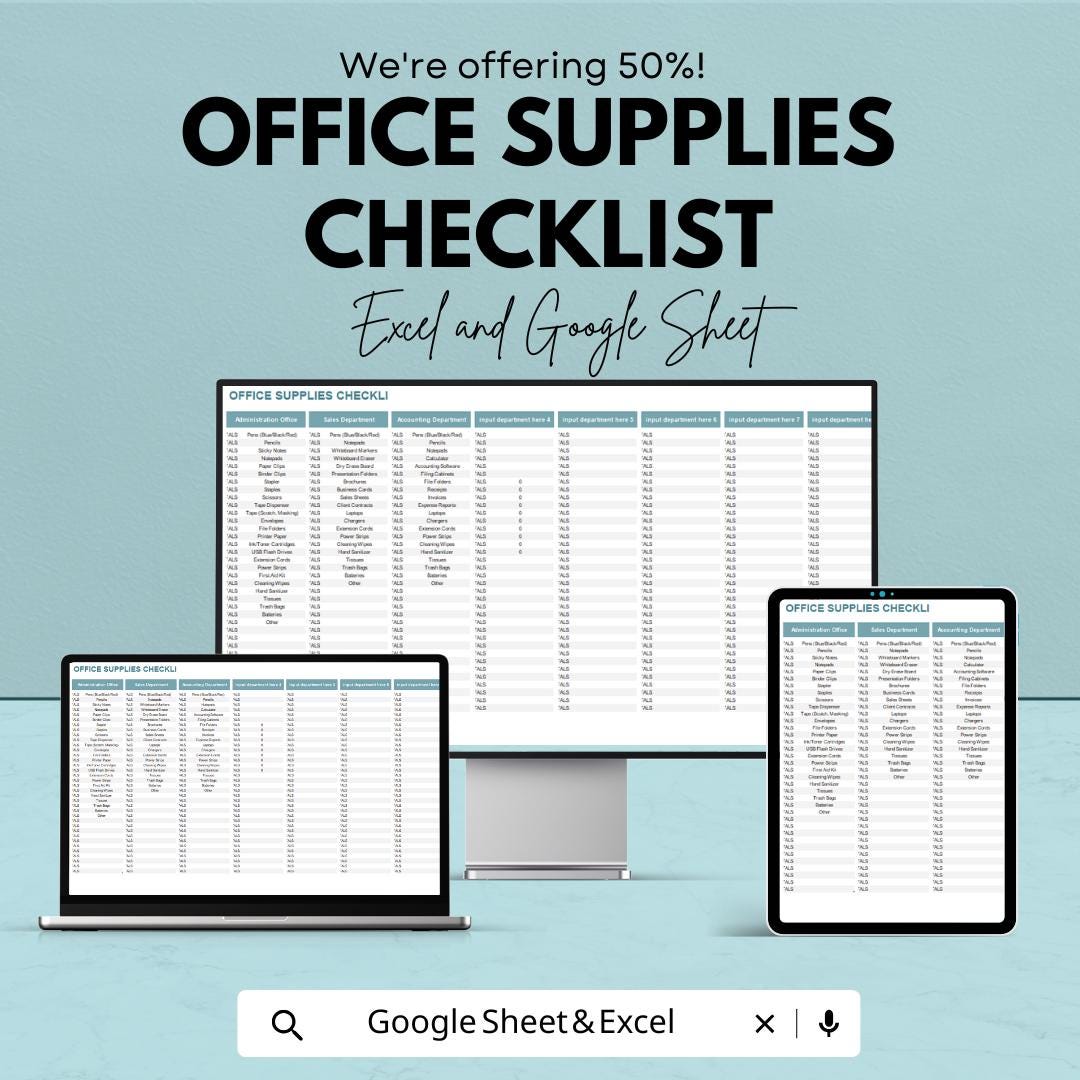 Office Supplies Checklist Template | Google Sheets & Excel | Office Inventory Tracker | Business Supply Management | Printable Supply Log