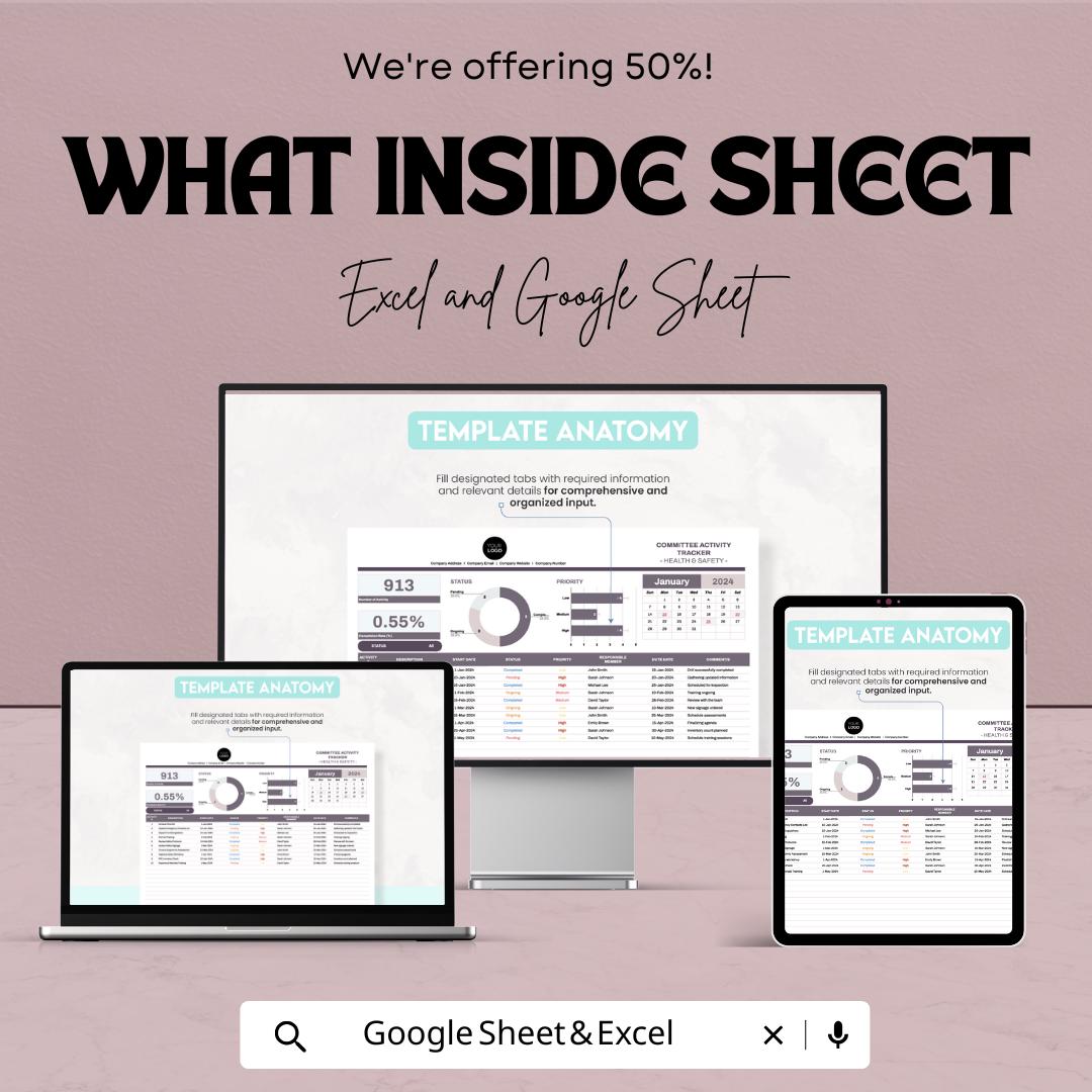 Health & Safety Committee Activity Tracker Sheet | Excel and Google Sheets Template | Task Management | Compliance Tracker | Incident Log |