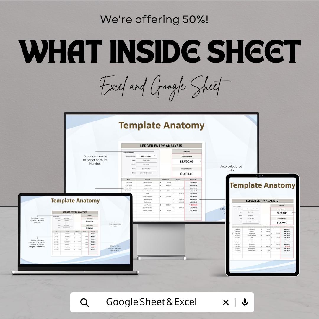 Ledger Entry Analysis Template | Accounting Tracker | Financial Record Log | Income Expense Ledger | Automated Balance Sheet
