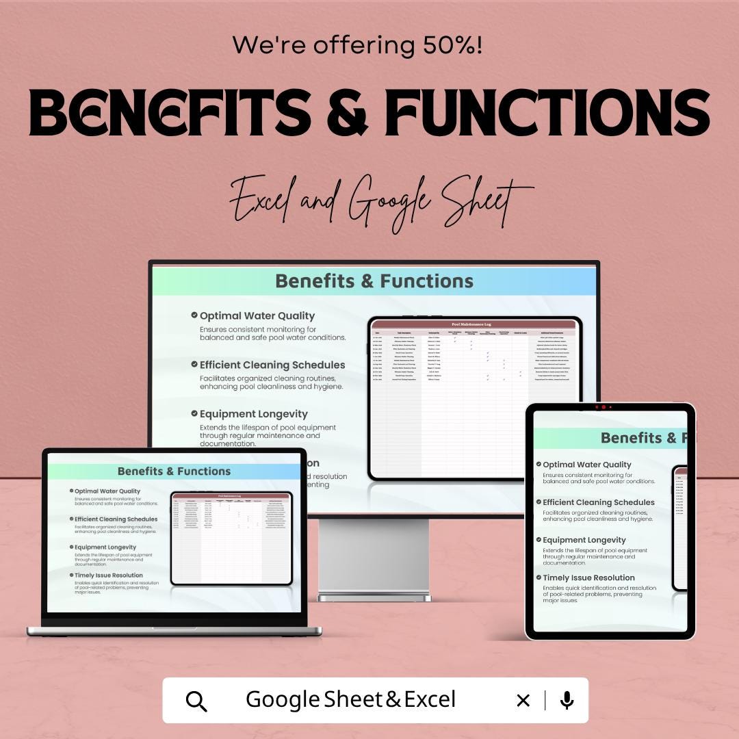 Pool Maintenance Log Template | Pool Cleaning Checklist Spreadsheet | Water Quality Tracker | Excel & Google Sheets | Pool Service Record