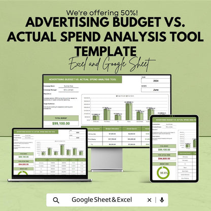Advertising Budget vs Actual Spend Analysis Tool Template | Google Sheets | Marketing Budget Tracker | Ad Spend Analysis Spreadsheet |