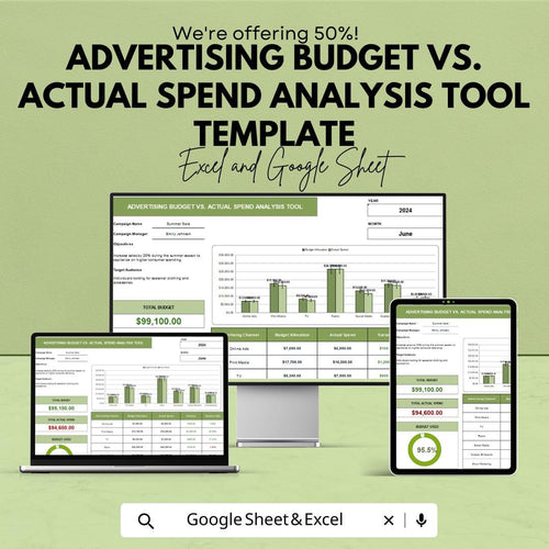 Advertising Budget vs Actual Spend Analysis Tool Template | Google Sheets | Marketing Budget Tracker | Ad Spend Analysis Spreadsheet |