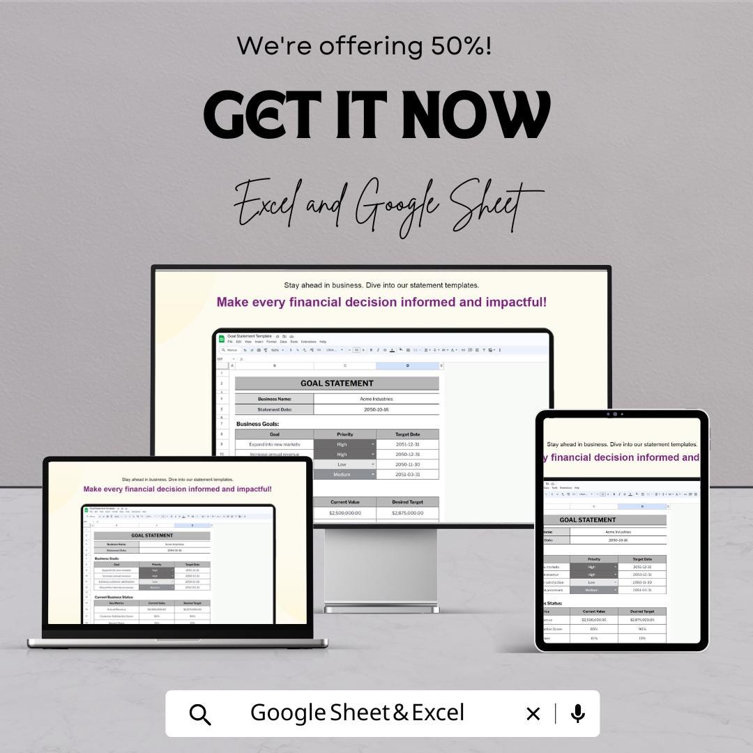 Goal Statement Template - Business Goal Setting Google Sheets Template, Track Priorities and Targets, Instant Download, Financial Planning