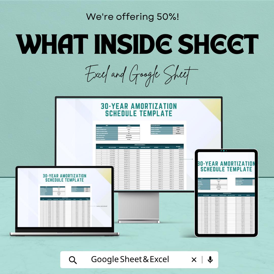 30 Year Amortization Schedule Template | Loan Payment Calculator Sheet | Mortgage Amortization Template | Loan Tracker Sheet