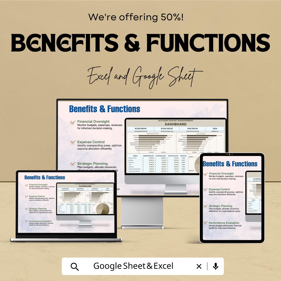 Account Budget Management Dashboard Template - Track Expenses & Income | Budget Planner and Financial Management Sheet | Customizable