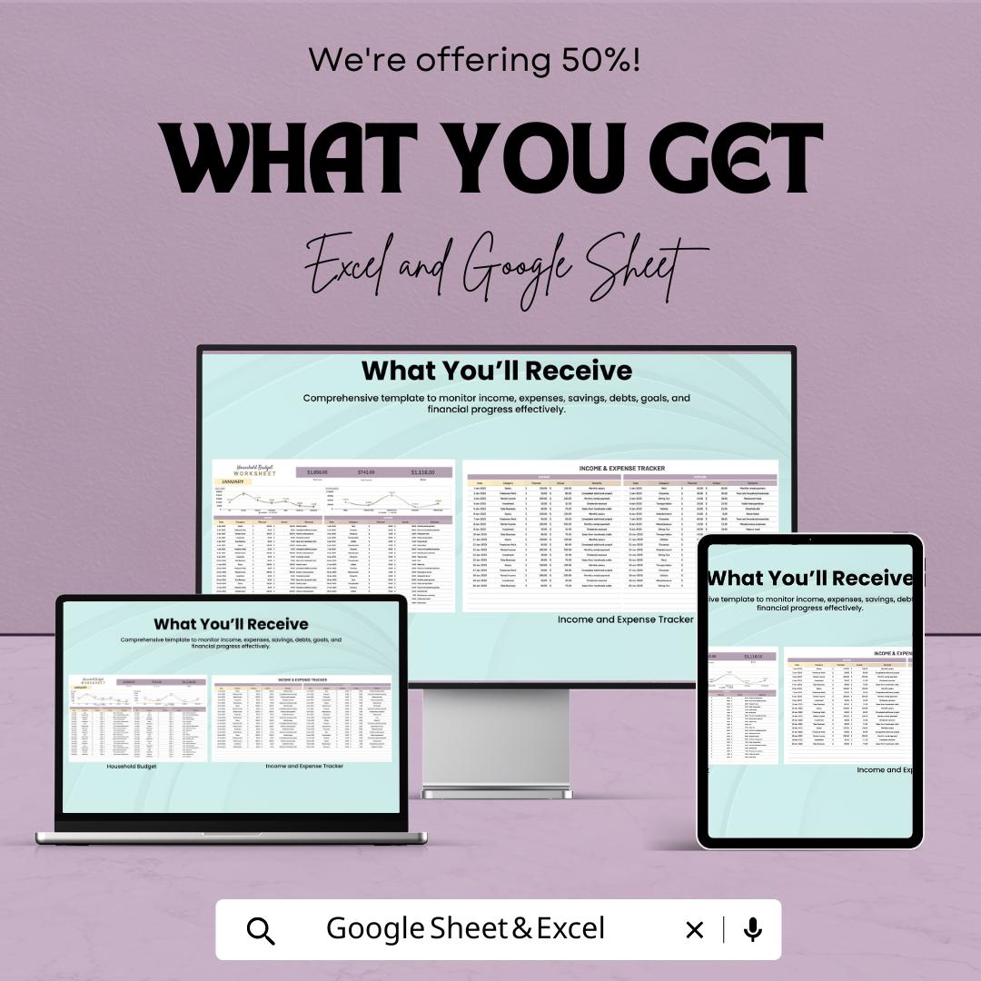 Household Budget Worksheet | Google Sheets Template for Tracking Income, Expenses, and Financial Goals | Easy to Use & Customizable