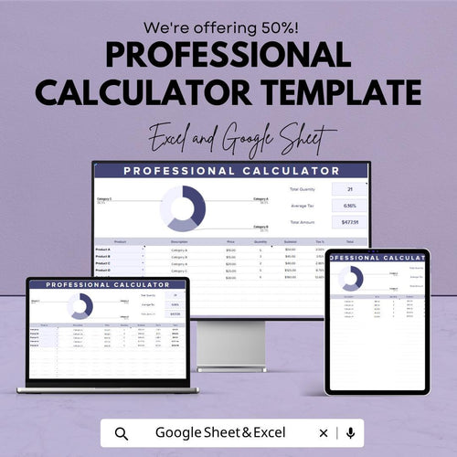 Professional Calculator Template | Business Calculator Spreadsheet | Sales Tracker with Charts | Expense & Tax Calculator