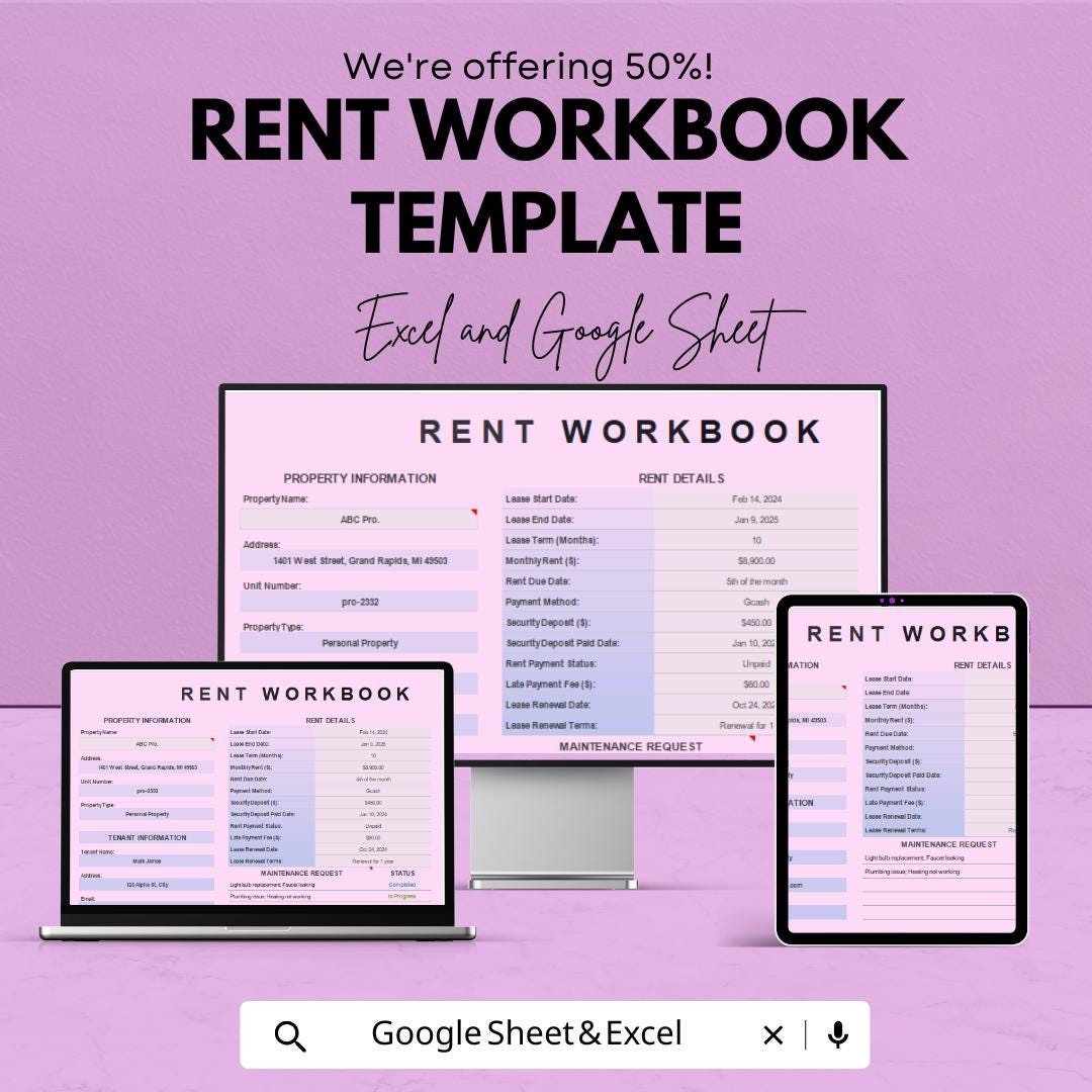 Rent Workbook Template | Excel and Google Sheets | Rental Property Tracker | Tenant Management Sheet | Lease Tracker | Editable Rent Log