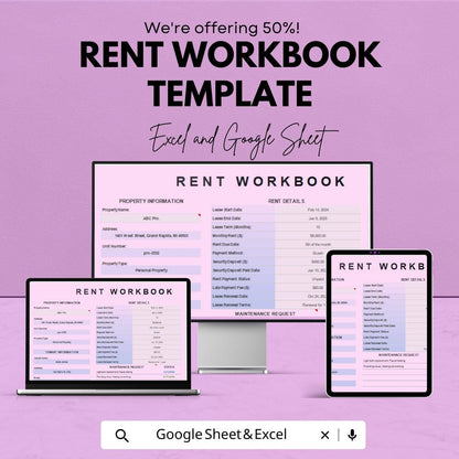 Rent Workbook Template | Excel and Google Sheets | Rental Property Tracker | Tenant Management Sheet | Lease Tracker | Editable Rent Log