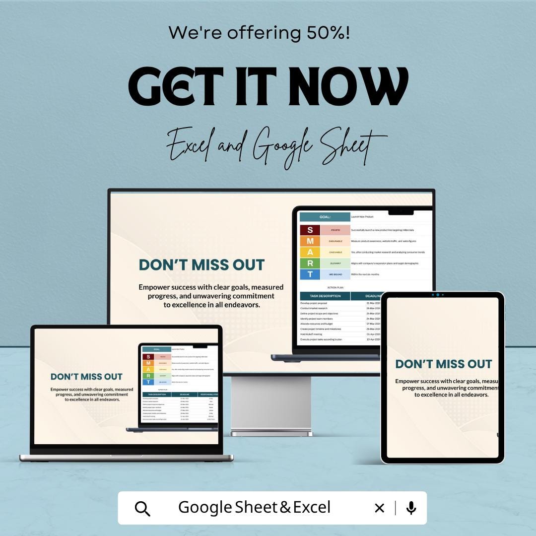 SMART Goals Template | Goal Setting Spreadsheet | Productivity Planner | Action Plan Tracker | Excel & Google Sheets | Goal Tracker Sheet