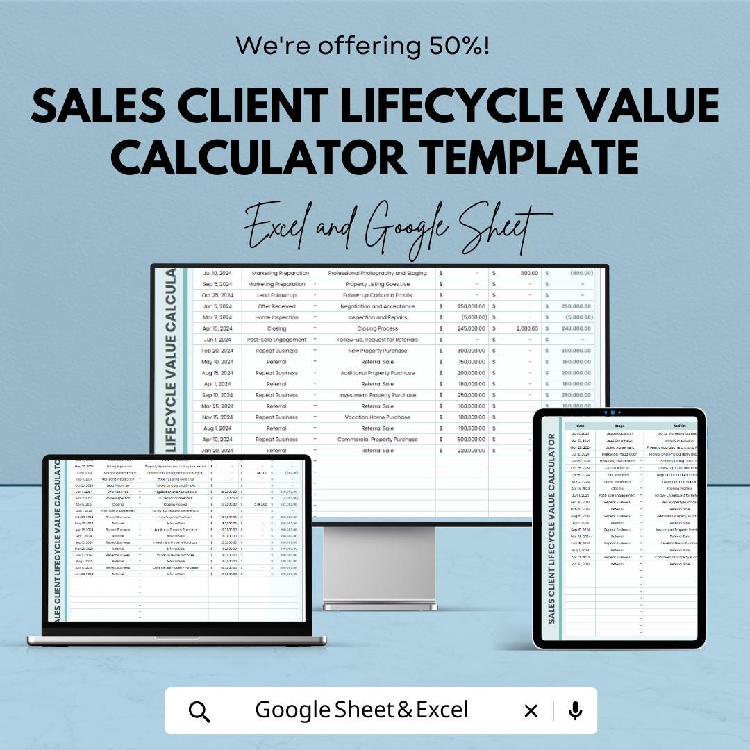 Sales Client Lifecycle Value Calculator Template | Excel & Google Sheets | Customer Lifetime Value Spreadsheet | CLV Tracker