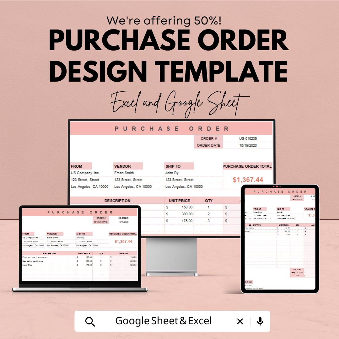 Purchase Order Design Template | Editable Purchase Order Form | Business Order Tracker | Printable Vendor Invoice Sheet