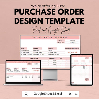 Purchase Order Design Template | Editable Purchase Order Form | Business Order Tracker | Printable Vendor Invoice Sheet