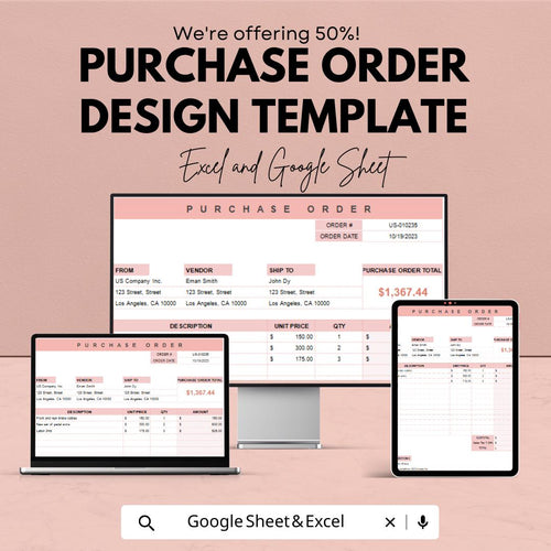 Purchase Order Design Template | Editable Purchase Order Form | Business Order Tracker | Printable Vendor Invoice Sheet