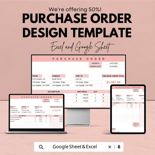 Purchase Order Design Template | Editable Purchase Order Form | Business Order Tracker | Printable Vendor Invoice Sheet