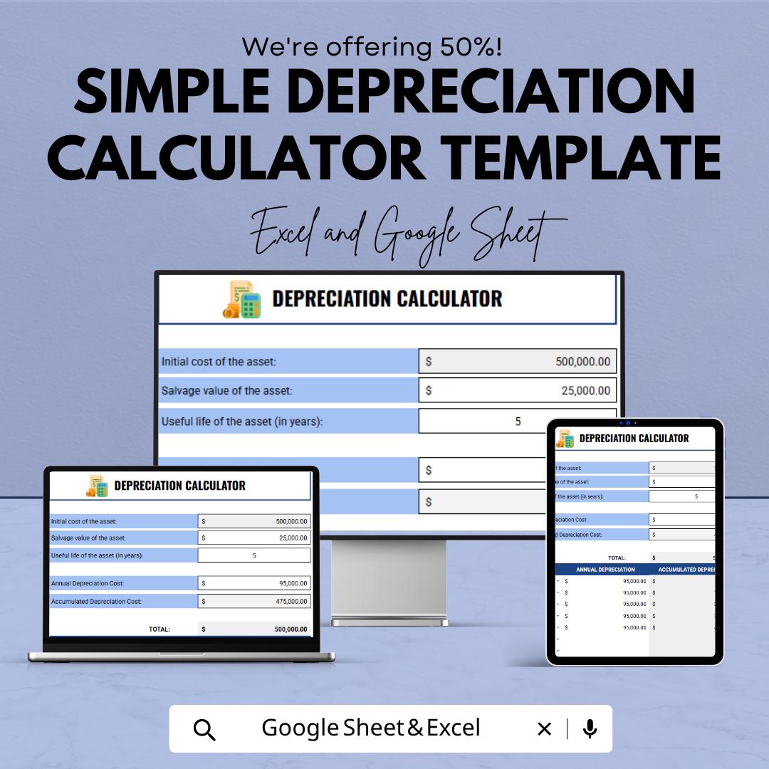Simple Depreciation Calculator Template | Asset Depreciation Spreadsheet | Straight Line Depreciation Tool