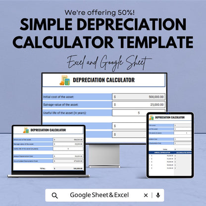 Simple Depreciation Calculator Template | Asset Depreciation Spreadsheet | Straight Line Depreciation Tool