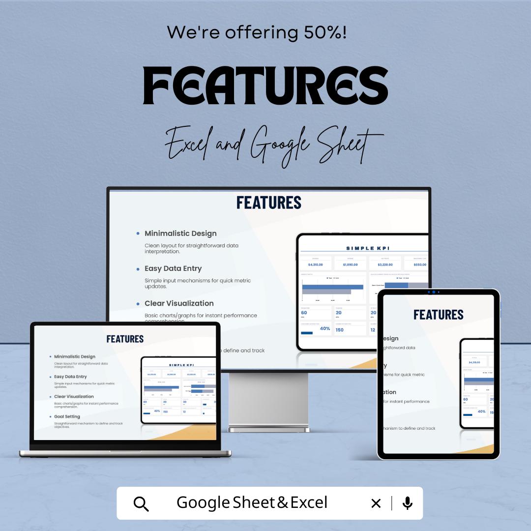 Simple KPI Template | KPI Dashboard Spreadsheet | Excel and Google Sheets KPI Tracker | Business Metrics Template | Revenue Expense