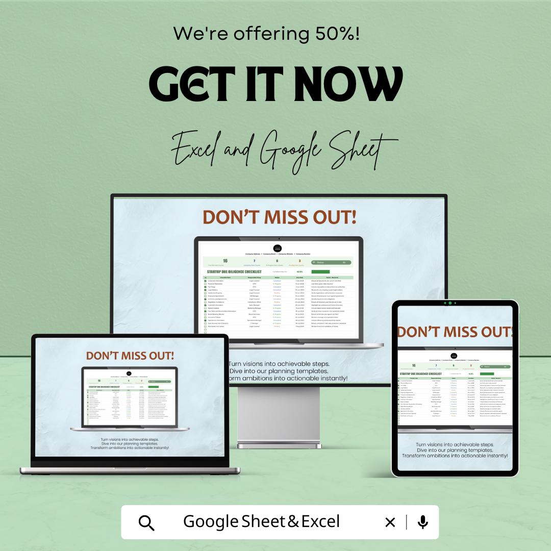 Startup Due Diligence Checklist Template | Investor Readiness Tracker | Excel & Google Sheets Business Checklist