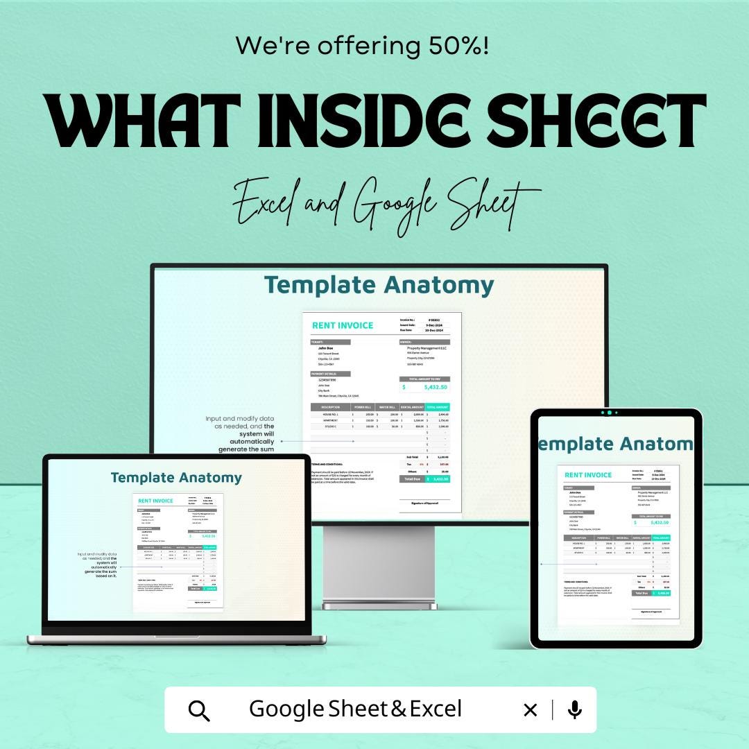 Simple Rent Invoice Sheet | Excel & Google Sheets Template | Rent Billing Template