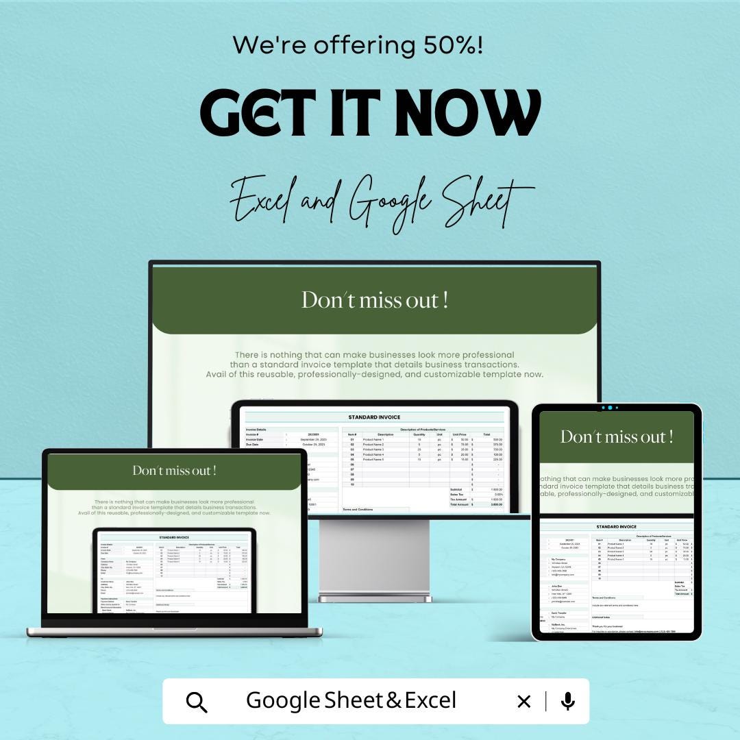 Standard Invoice Sheet - Excel & Google Sheets Template | Professional and Customizable Invoice Tracker | 50% Off