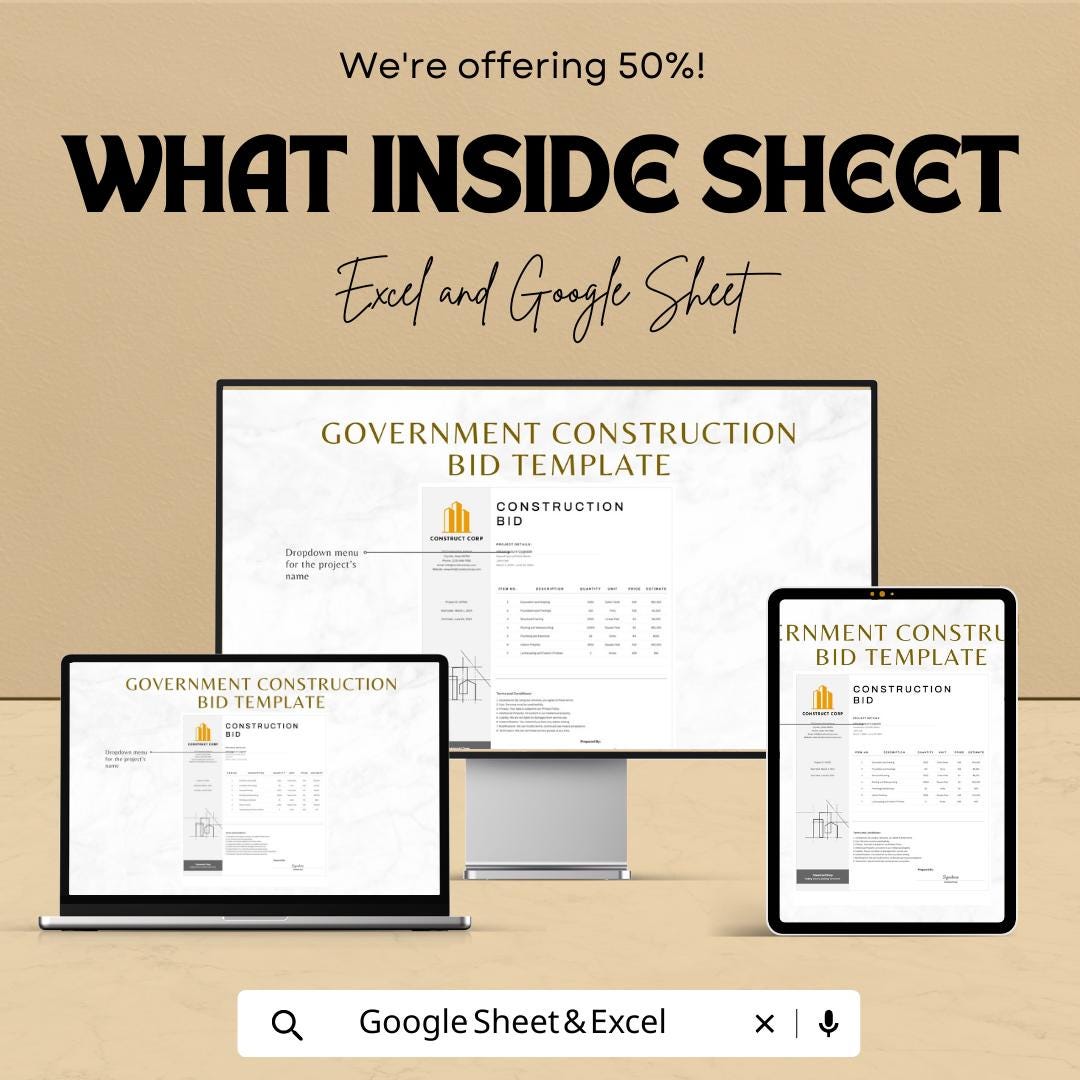 Government Construction Bid Template Excel | Contractor Bid Proposal Template | Construction Cost Estimate Spreadsheet |  Bid Template