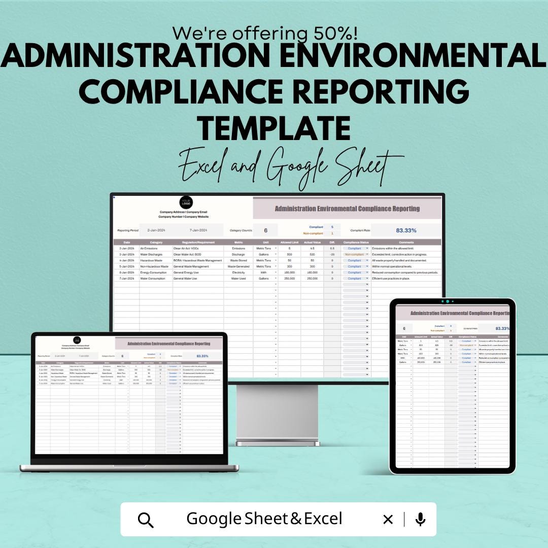 Administration Environmental Compliance Reporting Template | Environmental Compliance Spreadsheet | Excel & Google Sheets Compliance Tracker