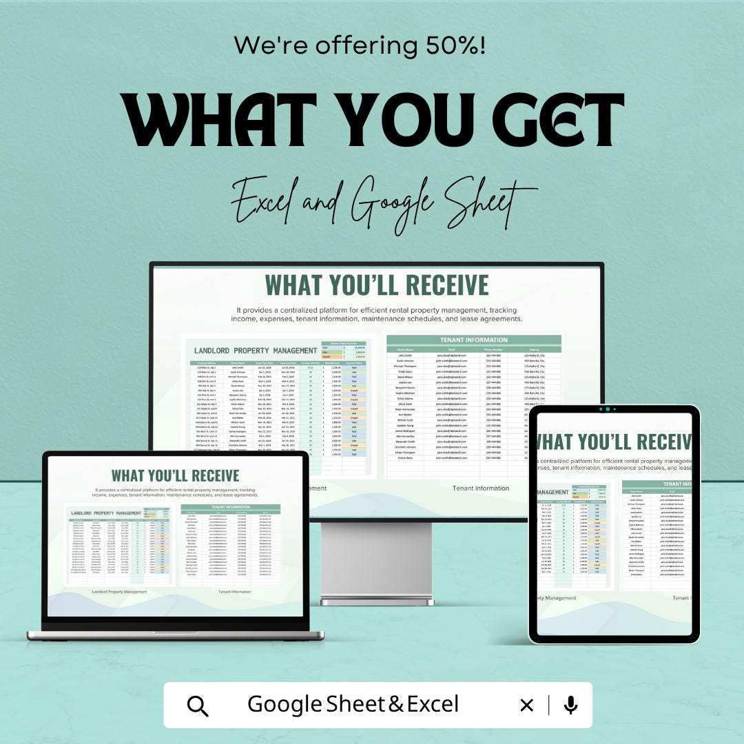 Landlord Property Management Template Excel Google Sheets | Rental Property Tracker | Tenant Management Spreadsheet | Rent Tracker |