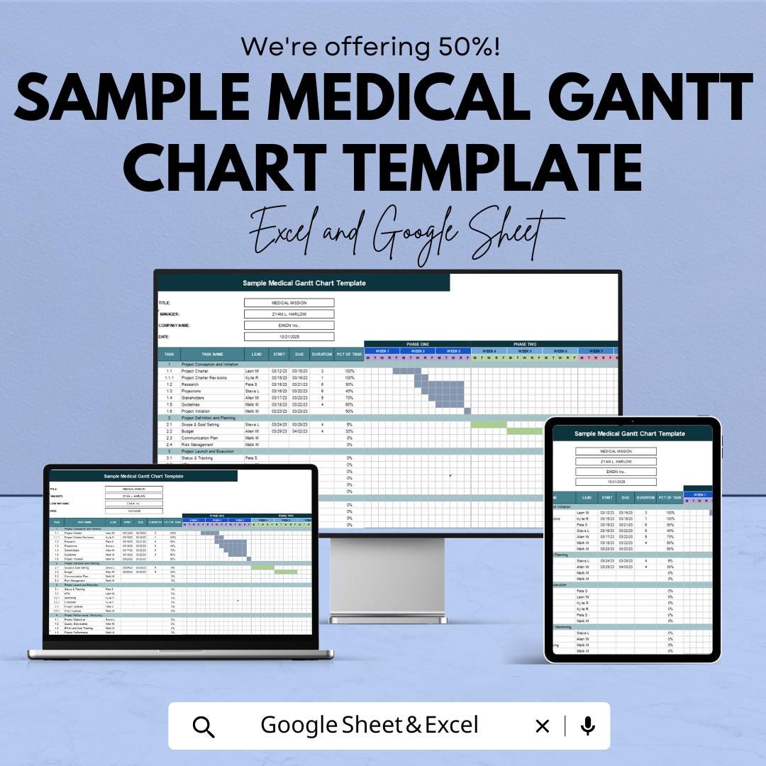 Sample Medical Gantt Chart Template for Excel & Google Sheets | Editable Project Timeline | Healthcare Task Planner
