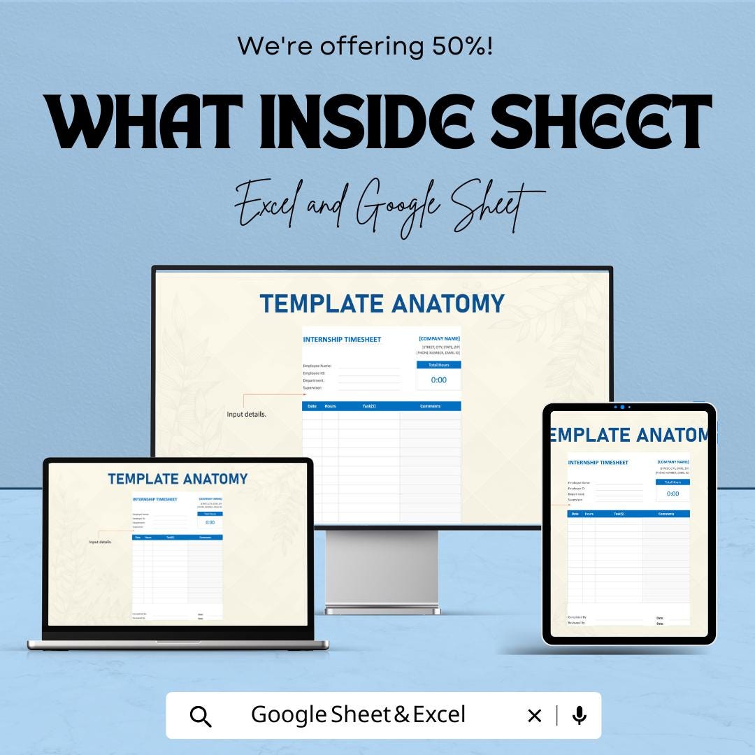 Internship Timesheet | Excel and Google Sheets Template | Track Hours & Tasks | Simple Internship Log | Instant Download