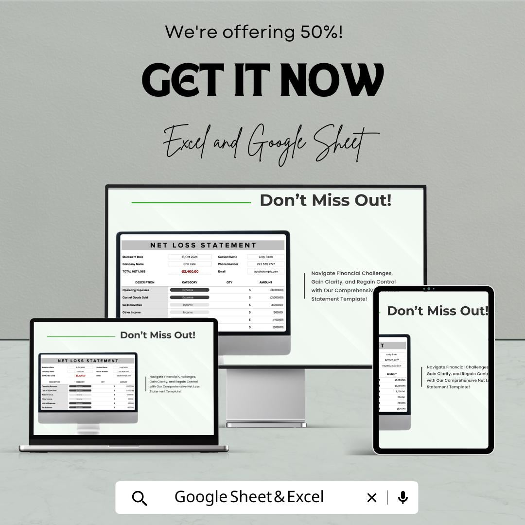 Net Loss Statement Sheet - Excel & Google Sheets | Financial Loss Tracker | Expense and Loss Analysis | Net Loss Report Template | 50% OFF