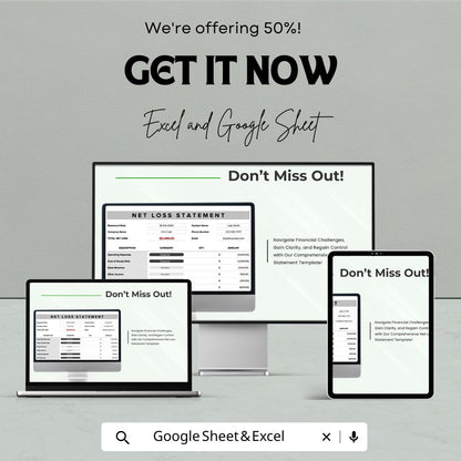 Net Loss Statement Sheet - Excel & Google Sheets | Financial Loss Tracker | Expense and Loss Analysis | Net Loss Report Template | 50% OFF