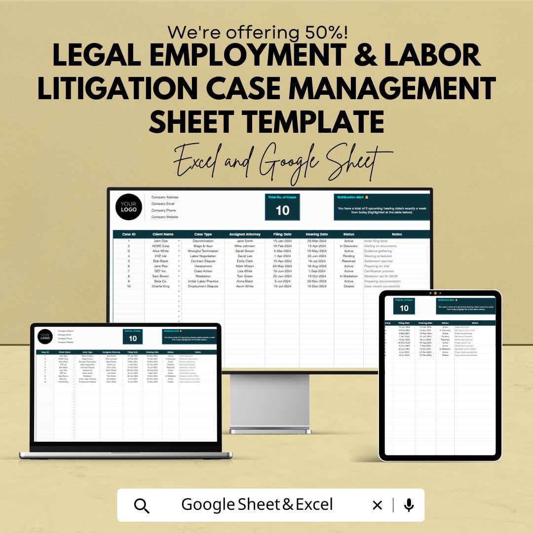Legal Case Management Template, Employment Litigation Tracker, HR Case Log, Law Firm Spreadsheet, Labor Case Tracker