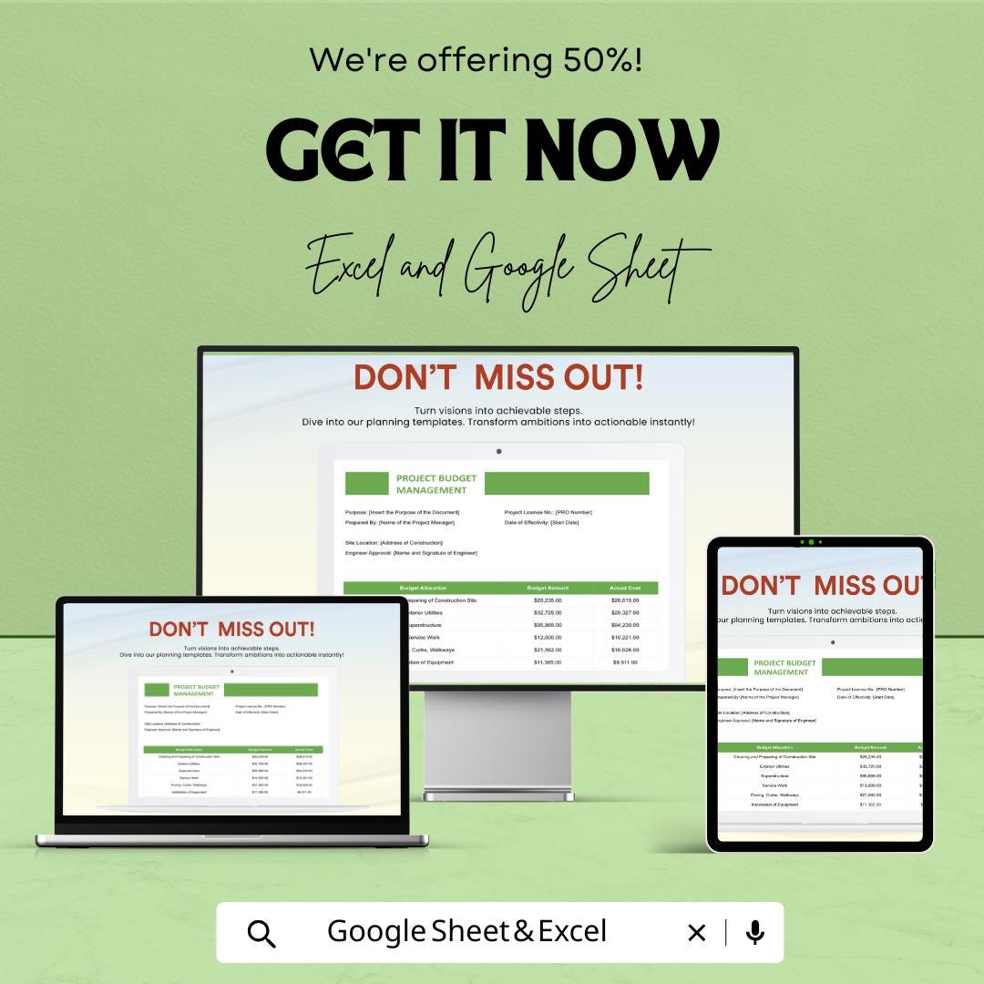 Construction Project Budget Management Sheet - Excel & Google Sheets Template - Budget Planning, Project Costing, Expense Tracker