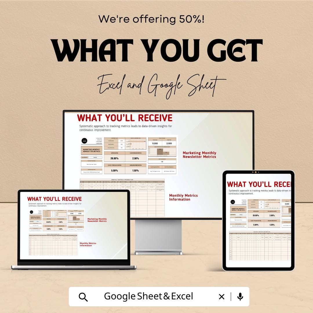 Marketing Monthly Newsletter Metrics Template | Email Analytics Tracker | Newsletter KPI Dashboard | Excel & Google Sheets Template | Email