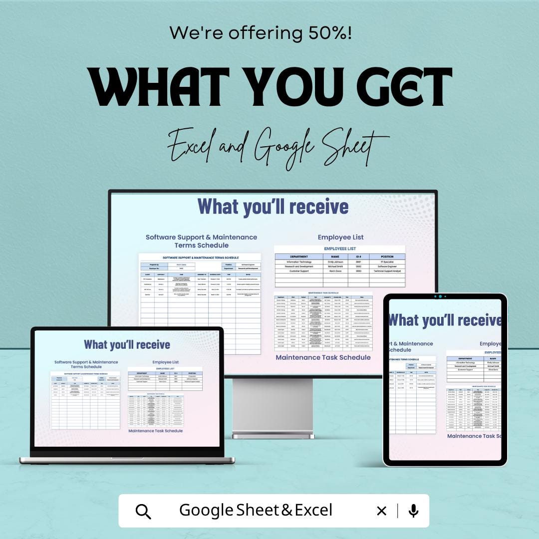 Software Support & Maintenance Template | Support Schedule Spreadsheet | IT Maintenance Tracker | Service Agreement Template |