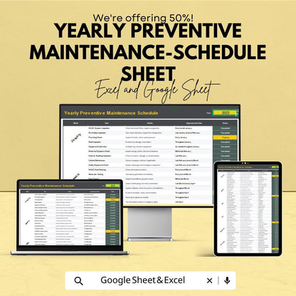 Yearly Preventive Maintenance Schedule | Excel & Google Sheets Template | Equipment Maintenance Log | Printable Planner