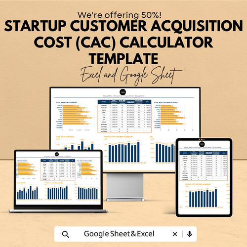 Startup Customer Acquisition Cost CAC Calculator Template | Marketing ROI Spreadsheet | Excel & Google Sheets CAC Analysis